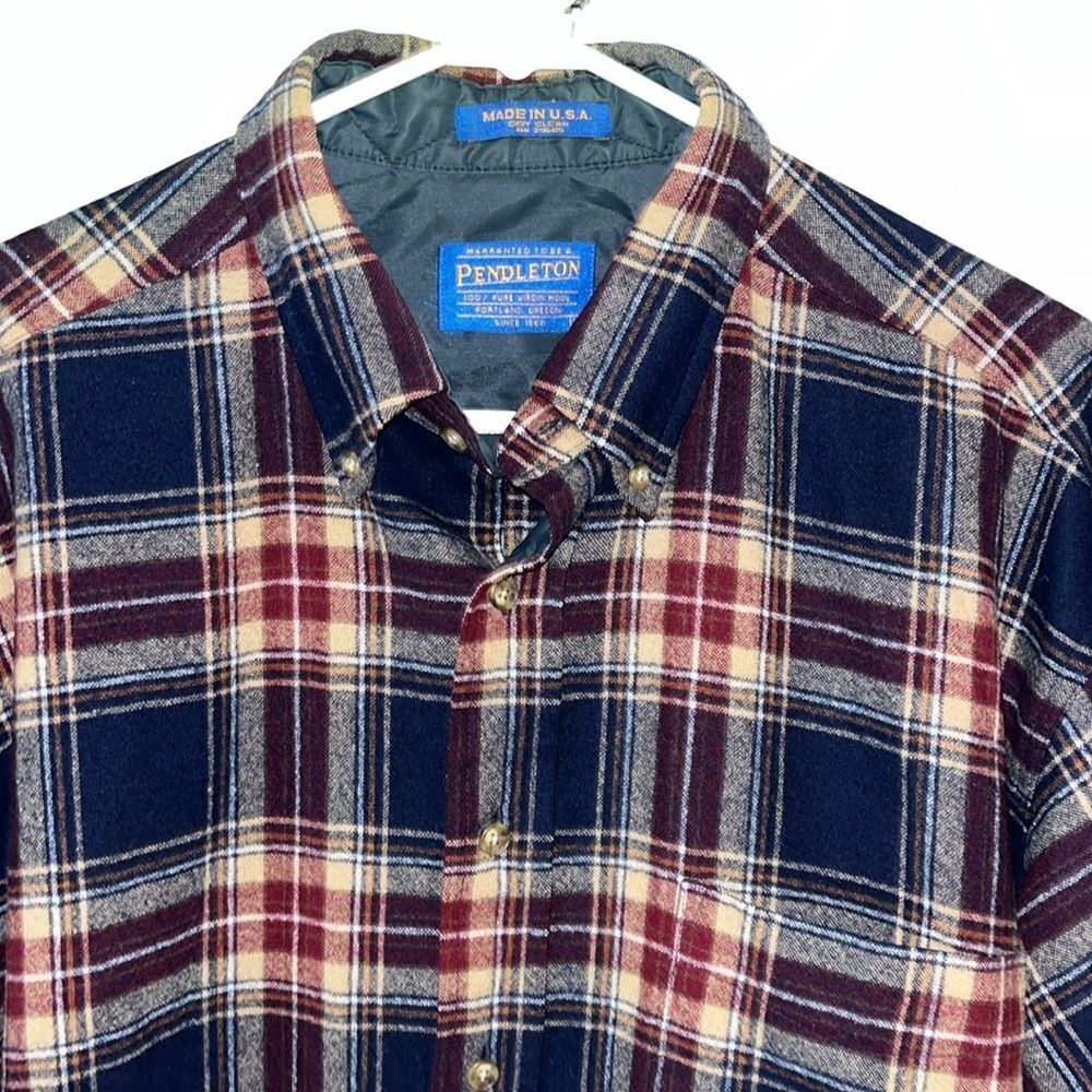 Pendleton mens button down wool navy burgundy khaki tone plaid check shirt L